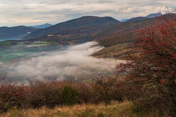 Serene moment in rural area in beautiful autumn early morning mist. Panoramic view of a sleeping meadow valley covered with low clouds and fog, village hiding between rolling hills covered with trees