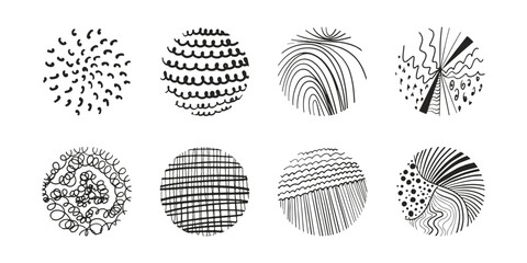 Set of round abstract black patterns backgrounds. Hand drawn line doodle circle shapes, scribble textures. Vector illustration isolated on white background