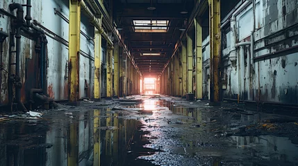 Fotobehang An abandoned factory's insides are lit up by intense lights. © sopiangraphics