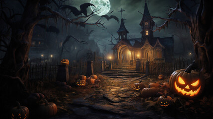 Graveyard on a Halloween Night. Pumpkins, dark, horror, scary, desolate, spooky, Generative AI