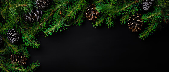 Christmas Mockup banner with fir, conifer branches, cones, decorations on black textured background. Top view. Flat lay. New Year Holidays background. Generative ai