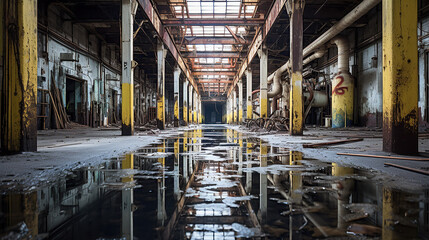 An abandoned factory's insides are lit up by intense lights.