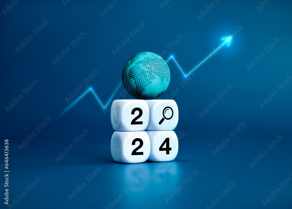 Poster 2024 new year global trends concept. 3d earth orb with digital world map placed on white block stack