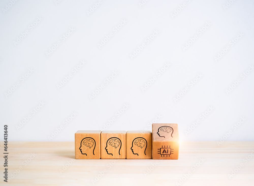 Poster artificial intelligence computer chip icon changing from human brain processing symbol on wooden cub