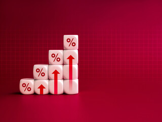 Rise up arrow on white cube blocks, bar graph chart steps with percentage icon isolated on red...