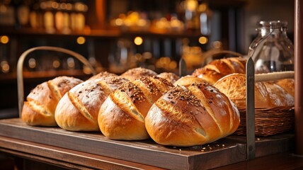 shelf-mounted baked loaves and buns,.