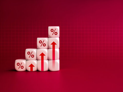 Rise up arrow on white cube blocks, bar graph chart steps with percentage icon isolated on red network background. Business growing process, profit, wealth, inflation, bad growth analysis concepts.