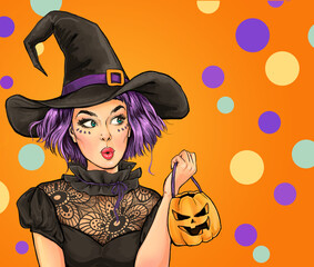 Surprised woman wears Halloween makeup, dressed in black outfit, , looks with amazing expression. Pop Art woman - 646413852