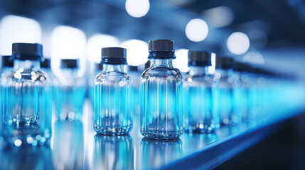 Medicine bottles neatly aligned on a factory production line.