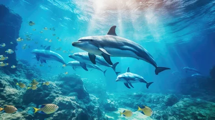 Zelfklevend Fotobehang dolphins swimming in the blue ocean , Dolphins inhabiting Mikurajima in Tokyo © somchai20162516