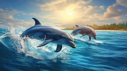 dolphins swimming in the blue ocean , Dolphins inhabiting Mikurajima in Tokyo