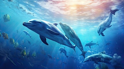 Fototapeta premium dolphins swimming in the blue ocean , Dolphins inhabiting Mikurajima in Tokyo