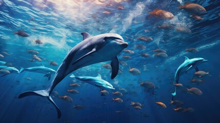 dolphins swimming in the blue ocean , Dolphins inhabiting Mikurajima in Tokyo