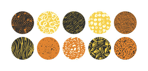 Vector illustration set of round abstract backgrounds or patterns for social media icons template. Contemporary minimal modern trendy honey doodle
