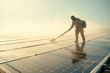 A skilled technician performing meticulous cleaning and maintenance on solar panels, ensuring efficient energy production.