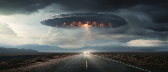 UFO Seen in the Sky, Raining Alone on the Road, Generative AI - obrazy, fototapety, plakaty
