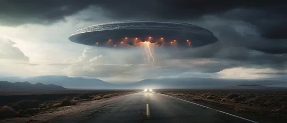 Papier Peint photo Gris 2 UFO Seen in the Sky, Raining Alone on the Road, Generative AI
