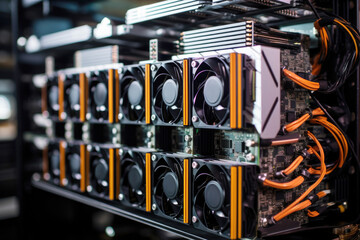 Close-up of a cryptocurrency mining hardware setup, emphasizing the intricate details and precision required for successful cooling - obrazy, fototapety, plakaty