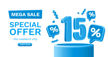 Mega sale special offer, 15 off sale banner. Sign board promotion. Vector illustration