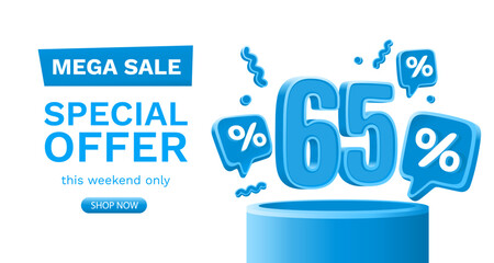 Mega sale special offer, 65 off sale banner. Sign board promotion. Vector illustration