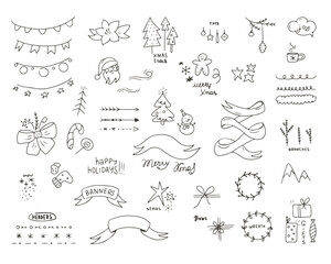 Set of cute hand drawn Christmas icons. Xmas and New Year doodles in sketch line art style. Vector illustration isolated on white background