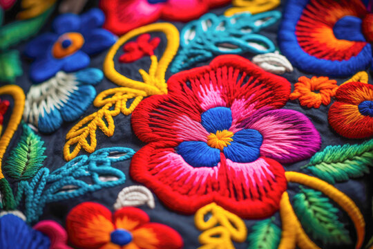 Close-up of a Mexican embroidery pattern on a textured fabric, highlighting the exquisite artistry and attention to detail in this cultural craft.