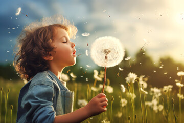 a carefree child playfully releases dandelion seeds, sending them on a whimsical journey through the air.
