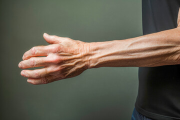 Managing Rheumatism: Inflamed joints and wrinkled hands in seniors require specialized care. Fingers tell a story of resilience and the importance of proper care. - obrazy, fototapety, plakaty