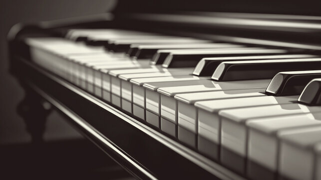 Piano keys closeup. Black and white toned image. Ai generative.