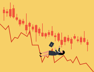Financial Crisis, Stock market downfall concept. Bankrupt business woman falling down with his stocks crash shares graph.