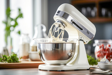 A versatile kitchen mixer, an essential household appliance, effortlessly blends ingredients in a...