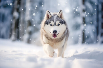 Naklejka premium Against a backdrop of pure white snow, a young husky enjoys a day of play in the cold, embodying the spirit of these beautiful and wild dogs.