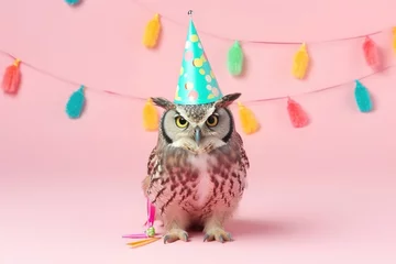Poster Funny Owl with Hat: Bright Pastel Animal Illustration for Cards and Banners, Birthday Party Invitation, Advertisement © Philipp