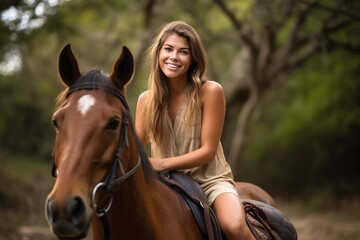 Fototapeta premium an attractive young woman sitting on a horse and smiling at the camera