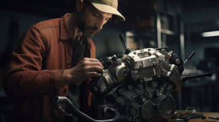 Skilled Mechanic Expertly Repairing Motorcycle Engine Using Various Tools – Engineering Precision in Mechanical Job.