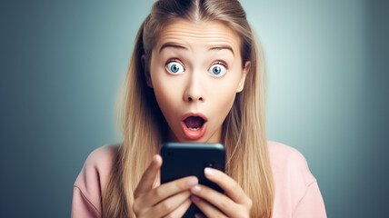Shocked young woman read stressful or surprising message in smartphone, woman reading message with amazed face expression isolated on colourful background.