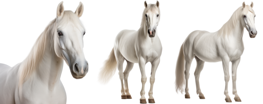 White horse collection (portrait, standing), animal bundle isolated on a transparent background