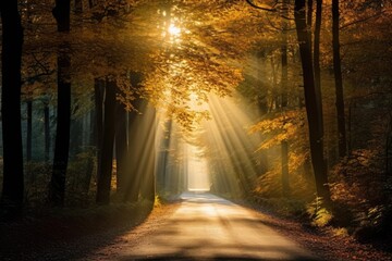 Forest road and the rays of the sun shine through the autumn leaves of the trees