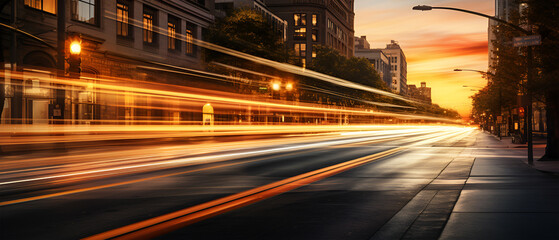 Fototapeta na wymiar Artistic Capture of a City Street During Golden Hour, Generative AI