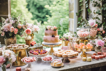 Wedding buffet table, event dessert food catering for wedding, party and holiday celebration, cakes, sweets and desserts in a country garden, generative ai
