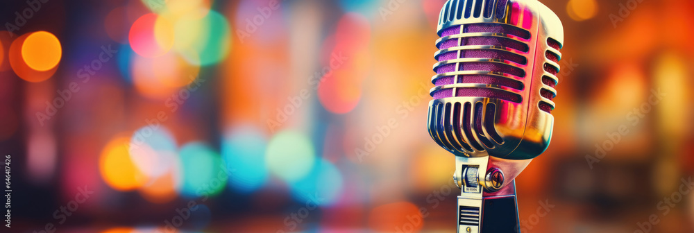 Aufkleber retro microphone on blurred stage background. horizontal banner. copy space for text