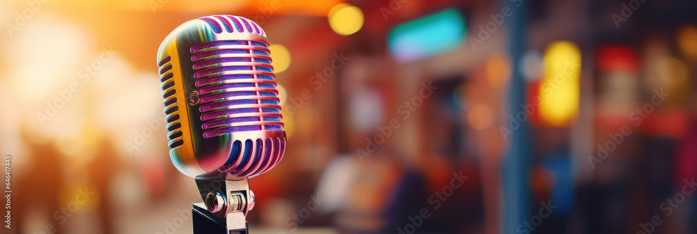 Poster retro microphone on blurred stage background. horizontal banner. copy space for text
