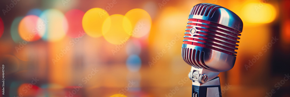 Aufkleber retro microphone on blurred stage background. horizontal banner. copy space for text