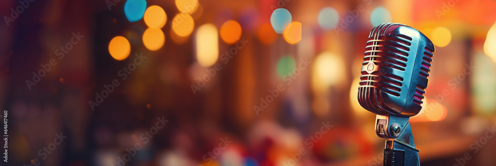 Poster retro microphone on blurred stage background. horizontal banner. copy space for text