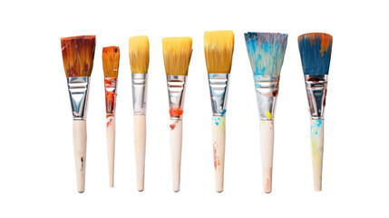 Many used brushes with paint residues, painting equipment, isolated - obrazy, fototapety, plakaty