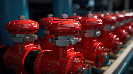 Red-handled valves positioned along a line. - obrazy, fototapety, plakaty