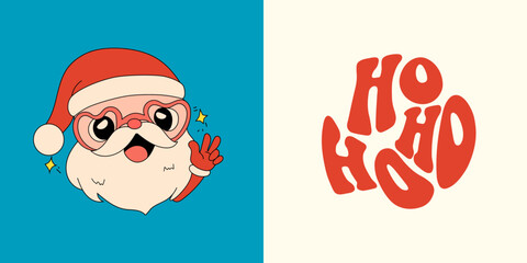 Groovy Santa Claus face, Retro lettering. Vintage Christmas trendy t shirt print design in shape. Hipster Santa. Vector illustration