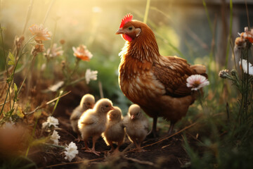 hen walks with her chicks