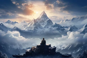 Zelfklevend Fotobehang person Sitting in Top of mountain © Ariestia