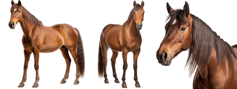 brown horse collection (portrait, standing), animal bundle isolated on a white background as transparent PNG